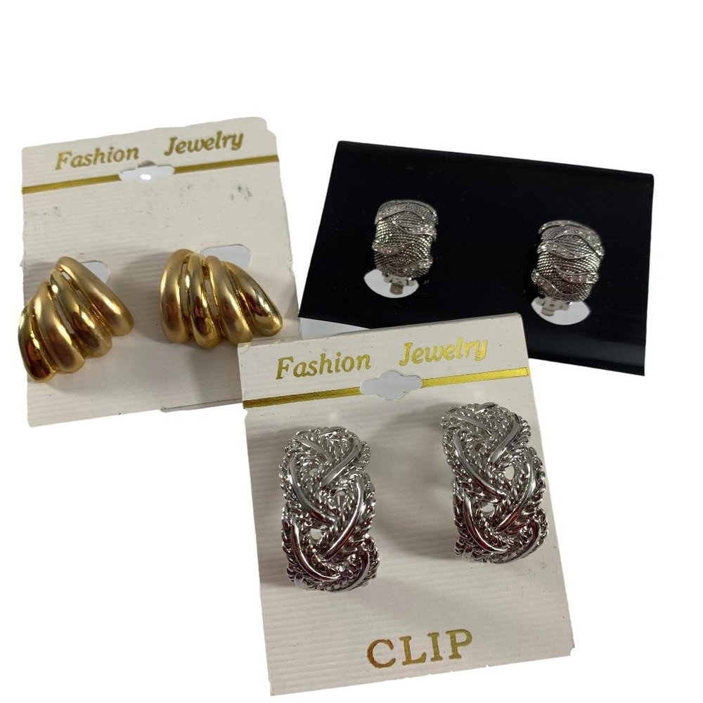 Lot of 3 Clip on Earrings Gold Tone Silver Tone Textured Ornate Dressy